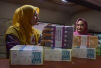 Pegawai Bank Riau-Kepri menyiapkan uang kertas baru saat membuka layanan penukaran uang oleh Bank Indonesia (BI), BRI dan Bank Riau-Kepri di Kota Pekanbaru, Riau, Senin (13/5/2019).